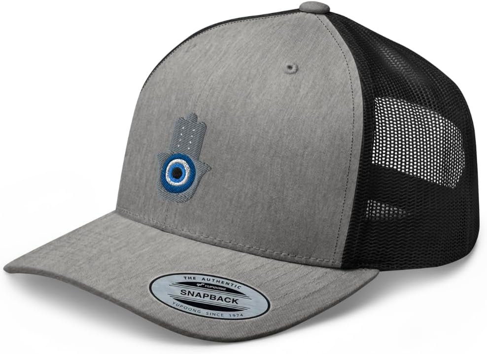 Hamsa Hand Nazar Evil Eye Embroidered Curved Bill Trucker Hat Mid Crown Adjustable Cap