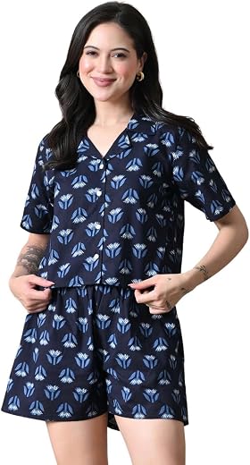 Vivan Enterprises Women Cotton Pajama Set Shirt &amp; Shorts | Co-Ord Night Suit Soft Breathable Printed Sleepwear Lounge Wear...