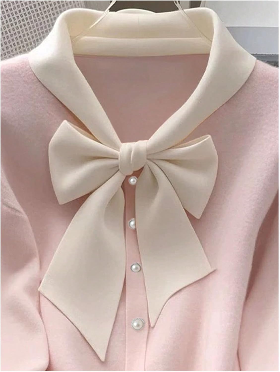 GORGLITTER Women's Bow Long Sleeve Cute Shirts Pearls Button Decor Tie Neck Dressy Elegant Business Casual Tops