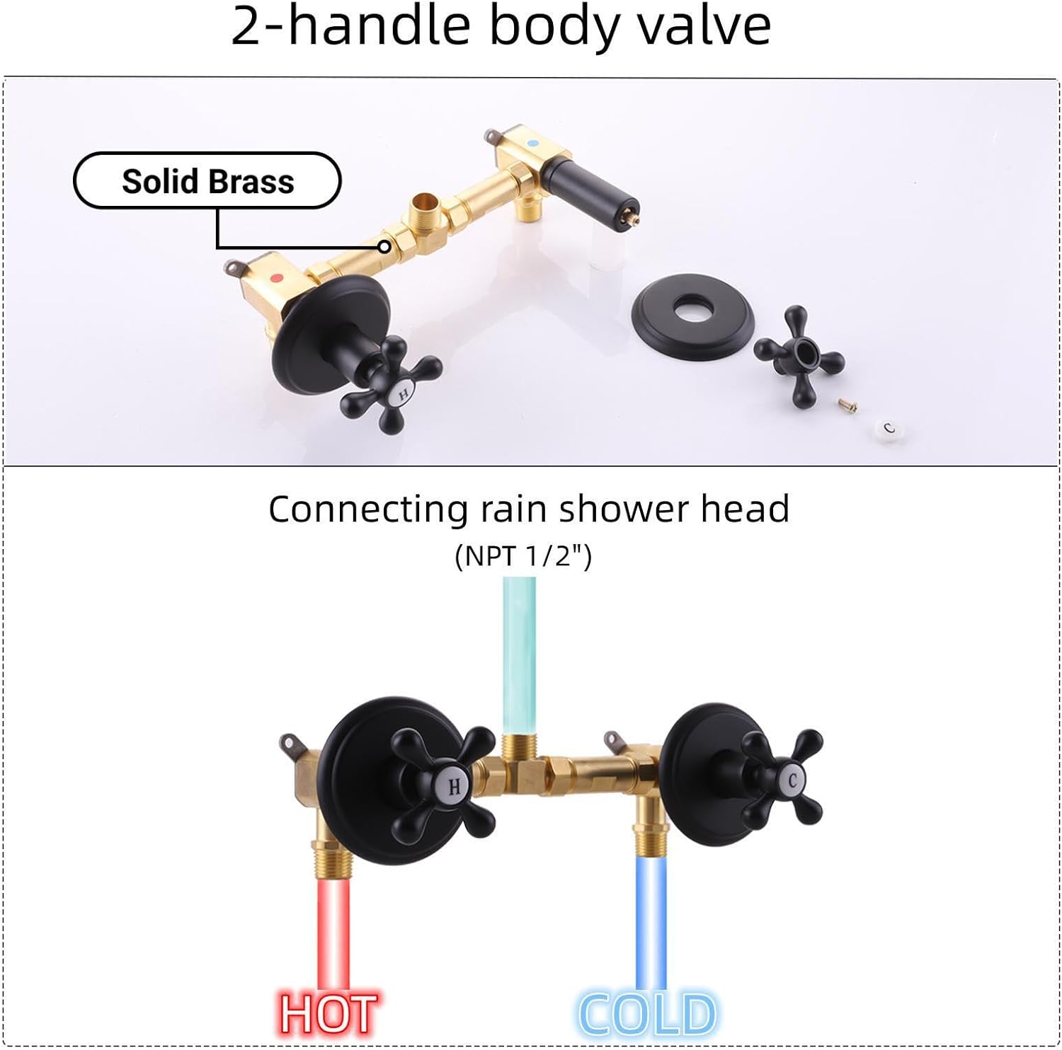 2 Handle Shower Faucet and 5 Mode Shower Head, Matte Black Two Handle Shower Faucet Bathroom Shower Trim Kit with Rough-in Valve, BY2H002 - Image 4