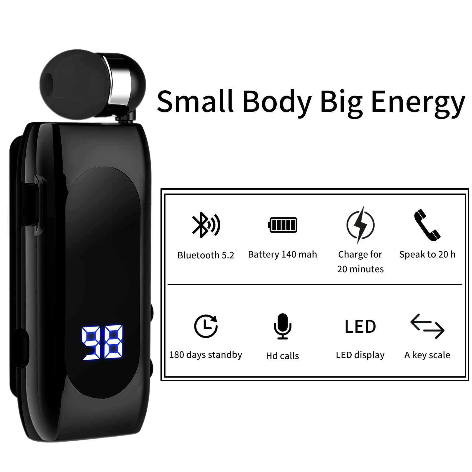 Auricolare Bluetooth Business con Filo Retrattile, Auricolar Senza Fili con Microfono, Bluetooth V5.2, Vivavoce, Compatibile per Universale Smartphone (Nero)