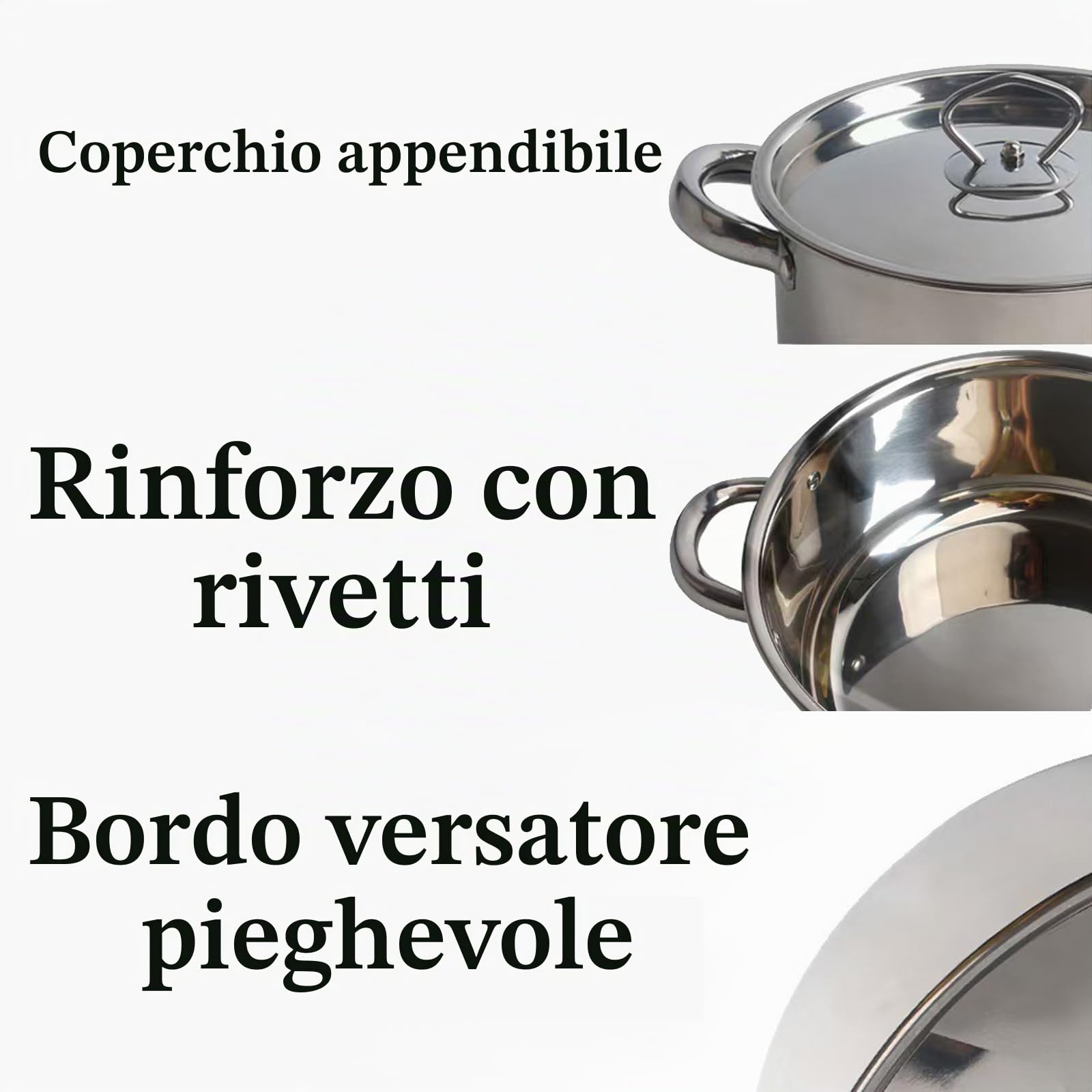 Set di Pentole da 15 Pezzi in Acciaio Inox Batteria di Pentole Non Rivestita Anti-Scaldatura Maniglie con Coperchio 3 Utili Utensili per Tutti I Piani Cottura Argento