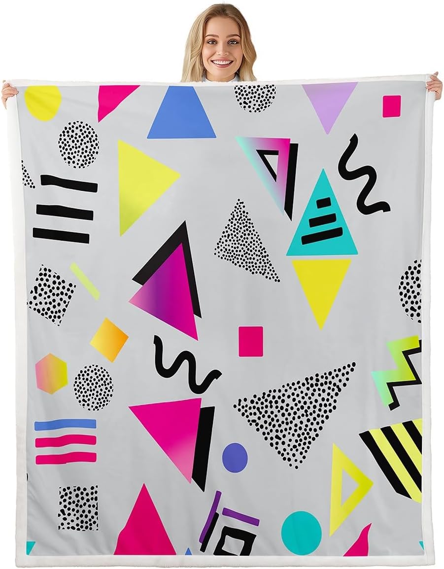 Memphis Blanket Hipster Retro Throw Blanket,80s and 90s Hip Hop Funky Fleece Blanket Colorful Pop Art Inspired Pattern Bed Blanket 90"x90",Watercolor Eighties Memphis Geometrical 80s Bedroom Decor