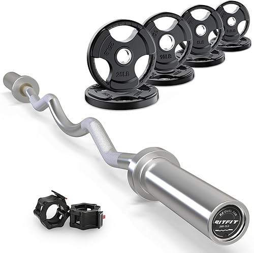 Miniatura 15 de RitFit Barra de rizo EZ de 2 pulgadas con pesas, barra olímpica de capacidad de 350 libras para bíceps y tríceps, entrenamiento de fuerza de