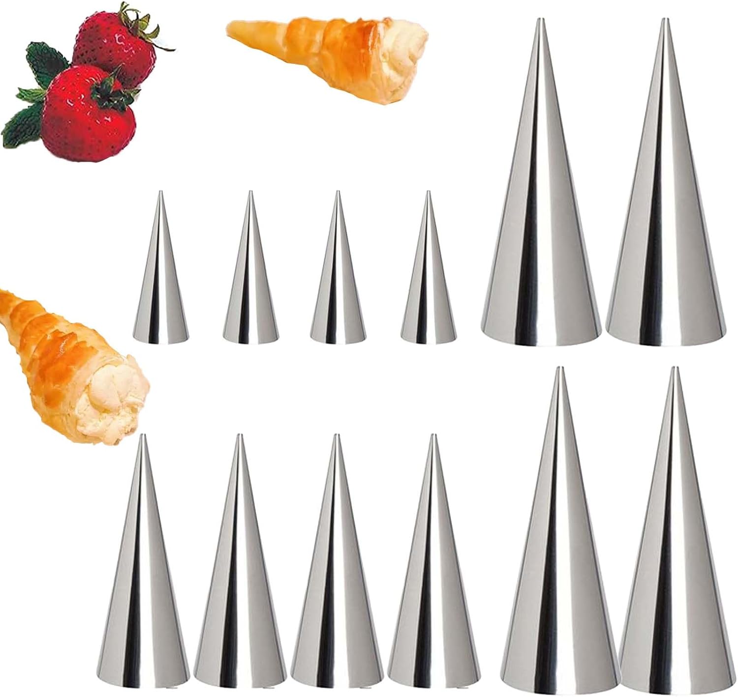 12 Pcs Cream Horn Molds, 3 Sizes (3.5Inch/4.9Inch/5.4Inch) Baking Cone Cream Horn forms, Stainless Steel Cannoli Tubes Ice Cream Mold, Standing Cone Shap