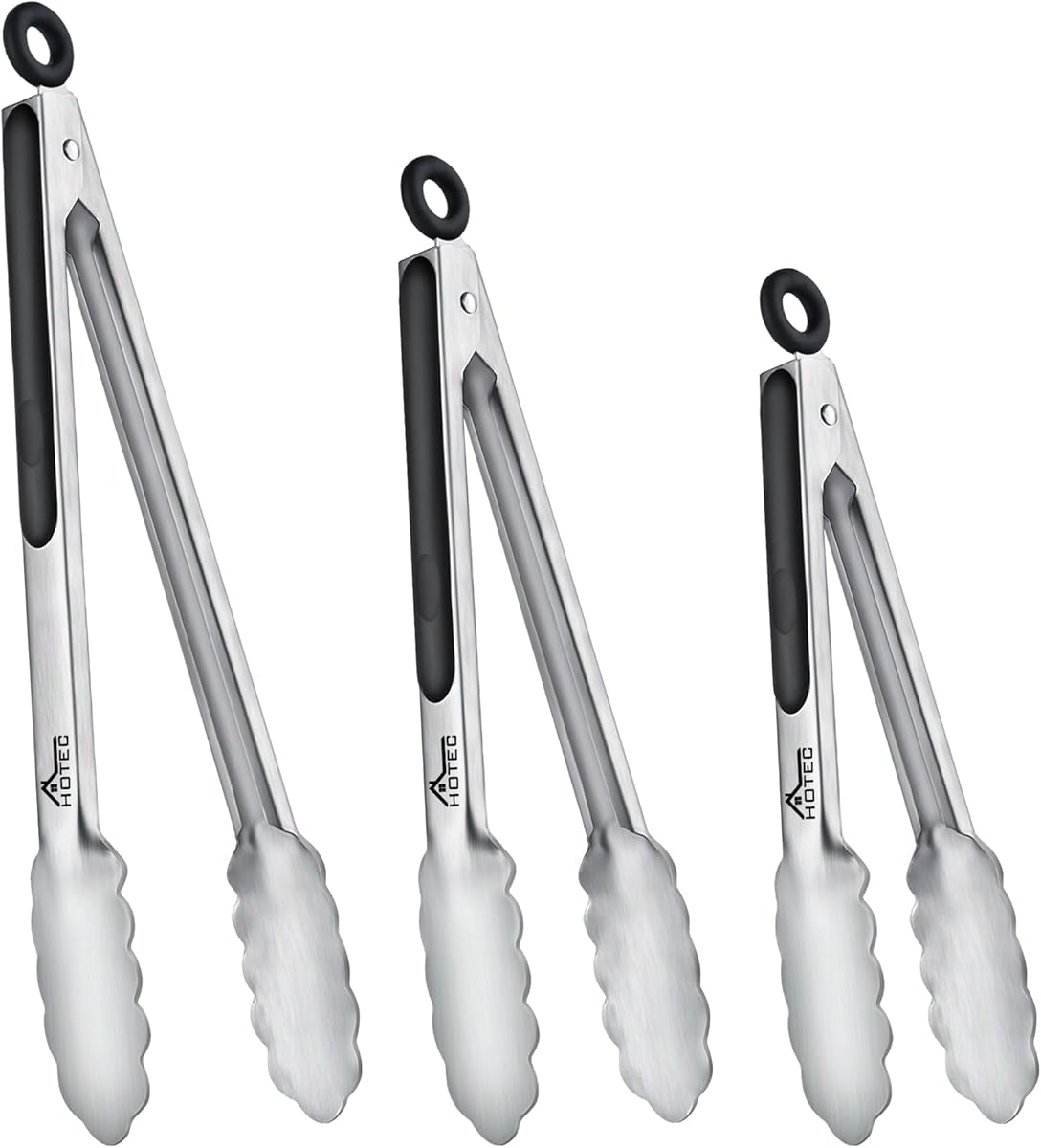 Hotec Stainless Steel Kitchen Tongs, Set of 3-7", 9" and 12", Locking Metal Food Tongs for Cooking, Serving, BBQ, Grill Non-Slip Grip