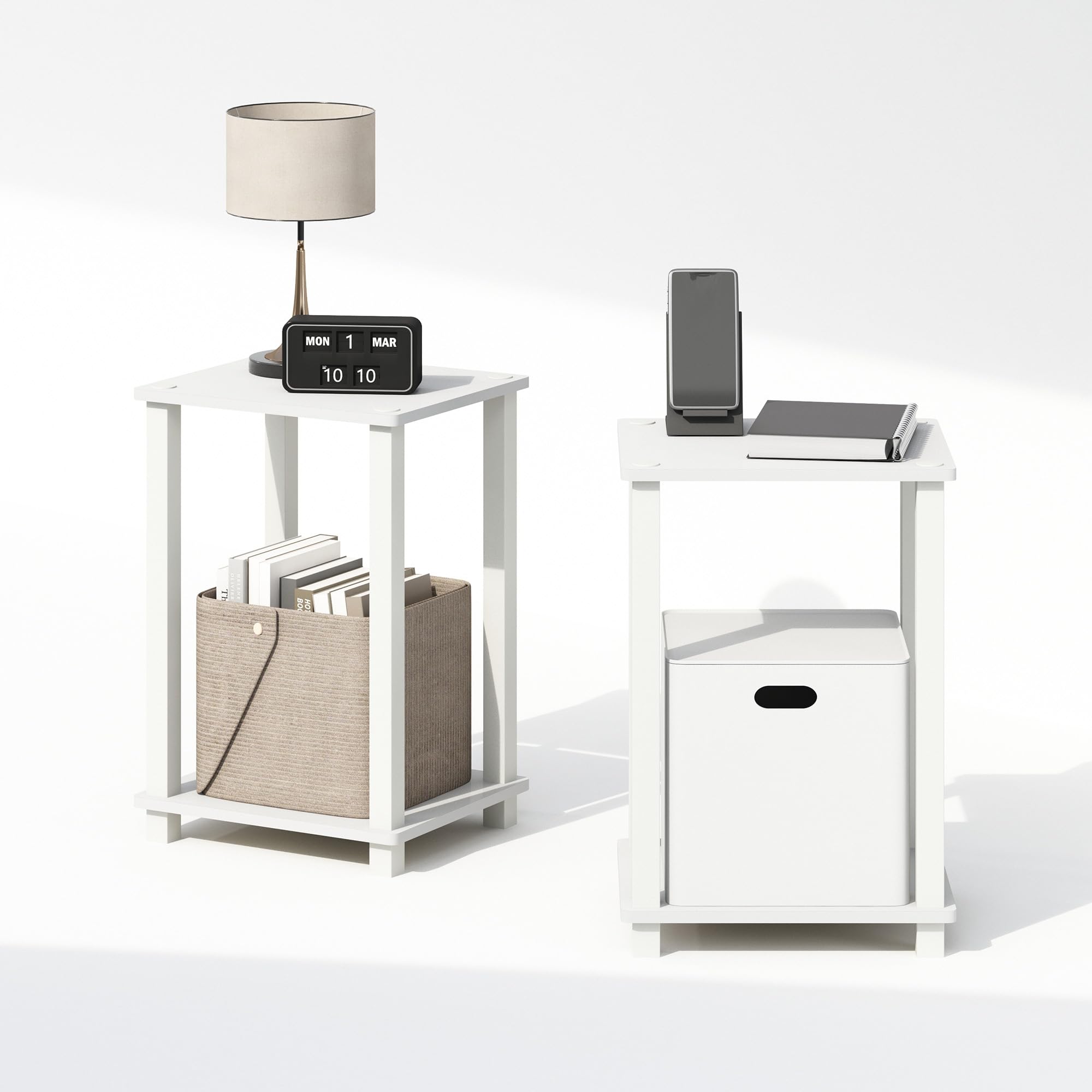 Furinno Simplistic Juego de 2 mesitas de Noche pequeña de 2 Niveles con Estante Abierto, de Montaje sin Herramientas, Mesa Auxiliar, Mesa Lateral, para Dormitorio, Sala de Estar, Blanco