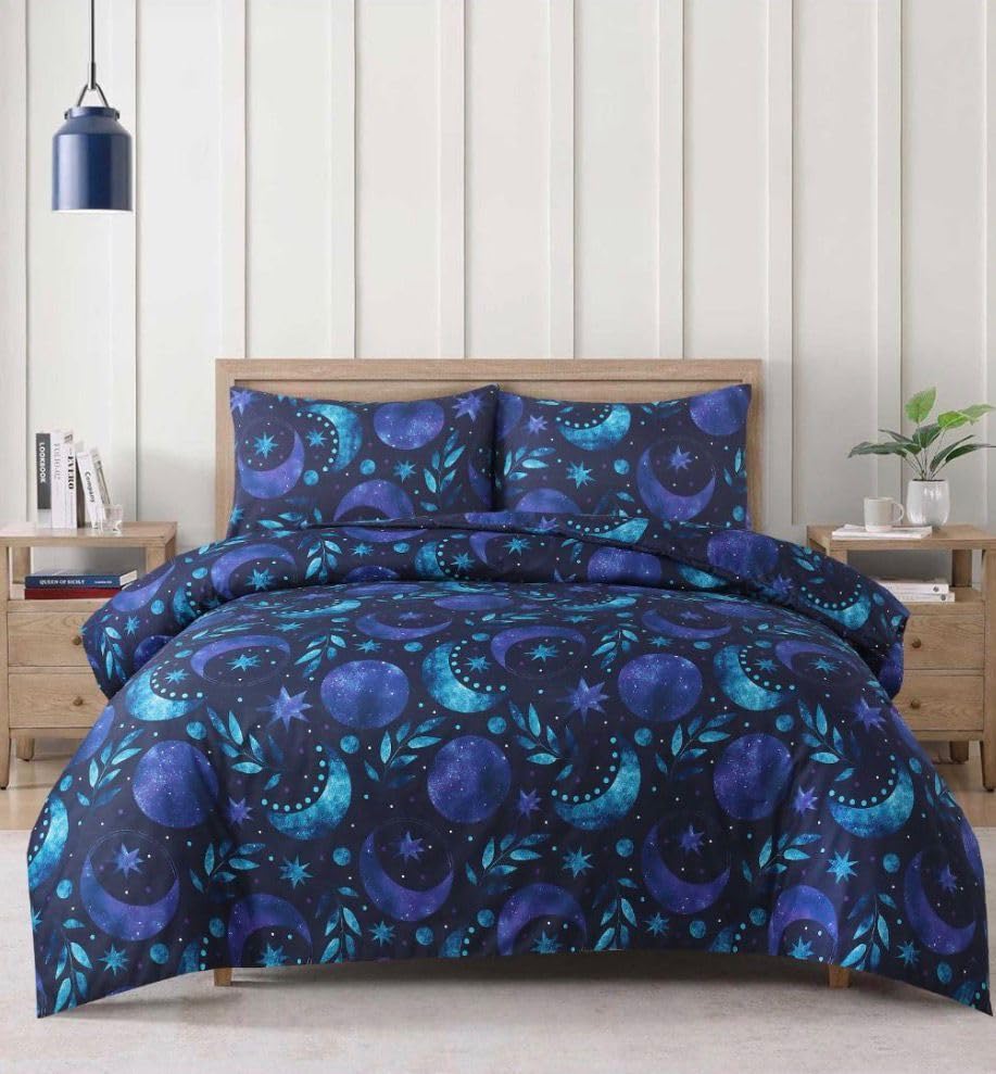 4 Piece Duvet Cover Set Double Bedding Set with Fitted Sheet & Pillowcases Reversible Microfiber Quilt Cover Set Double Bed Floral Geometric Marble Plain Designs UK (MIDNIGHT MOON, Single)
