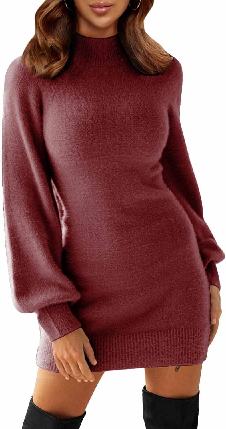 EXLURA Women's 2026 Mock Neck Ribbed Long Sleeve Bodycon Pullover Cute Mini Sweater Dress Vacation Outfits Winter Clothes