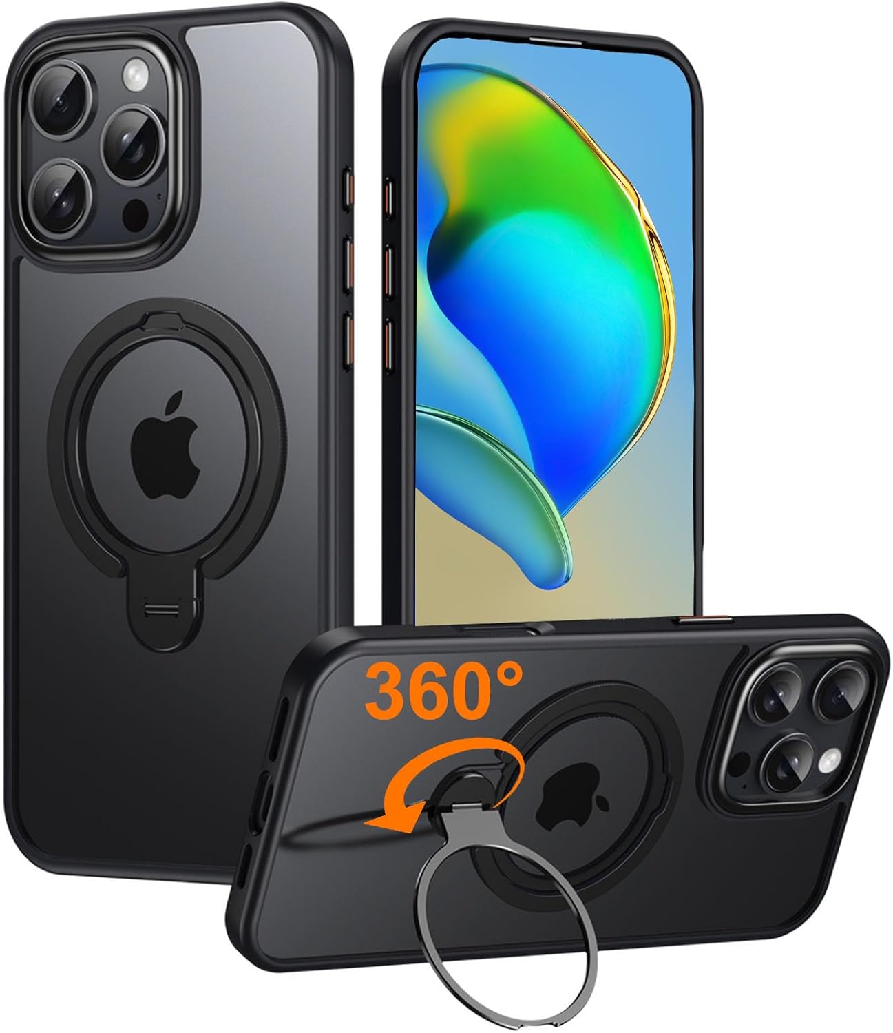 Dual 360°Spin Magnetic Stand & Magnetic Ring for iPhone 16 Pro Max Case [Compatible with MagSafe] [Dual Embeded Ring & Stand] [16FT Military Protection] Case for iPhone 16 ProMax, Black 6.9"