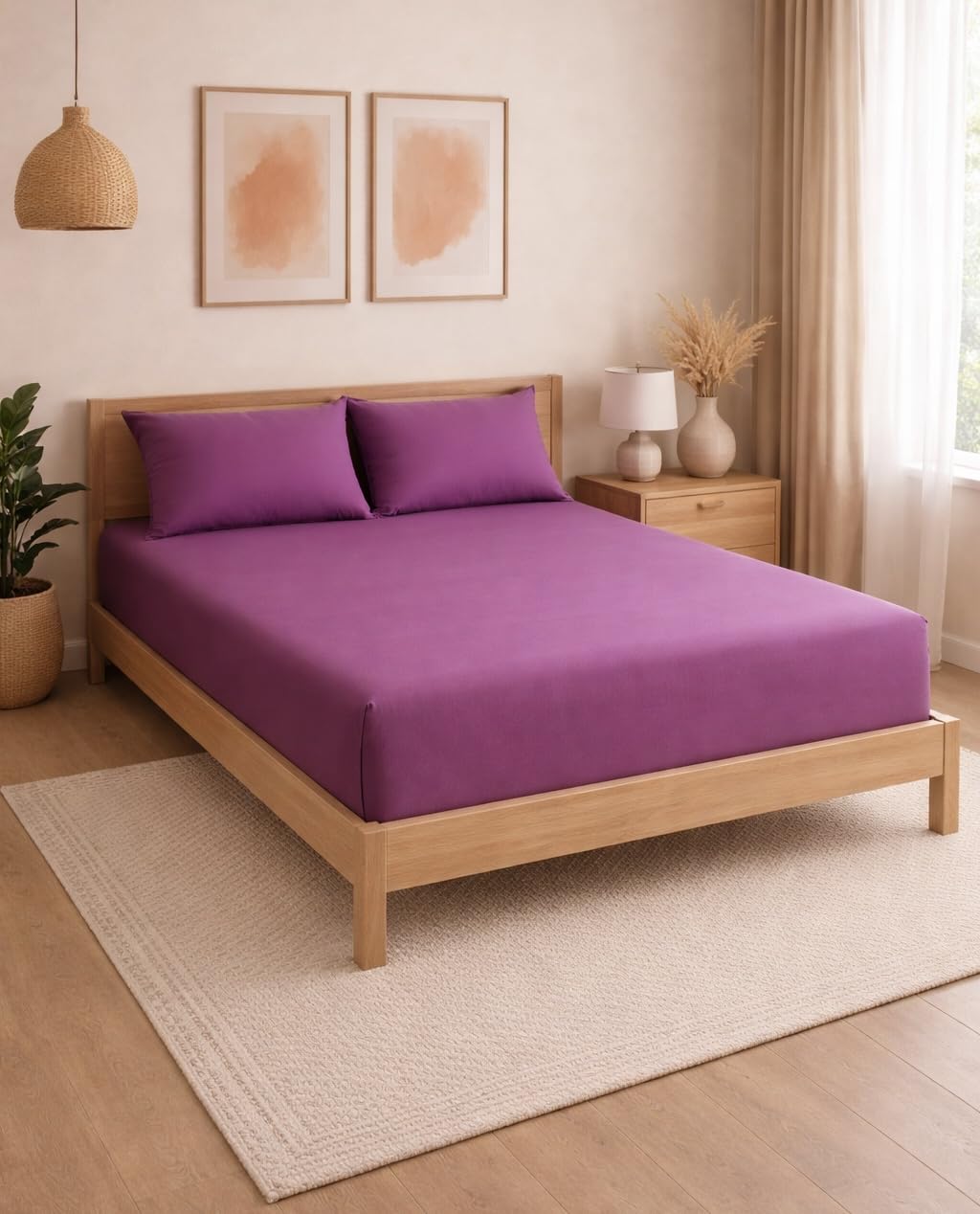 THE HOME STYLE Solid Plain Cotton Feel Fitted Bedsheet King Size (72x78 inches) | 2 Pillow Covers | 300 TC | Elastic Fit | Fits Upto 8 Inch Mattress (Plum)