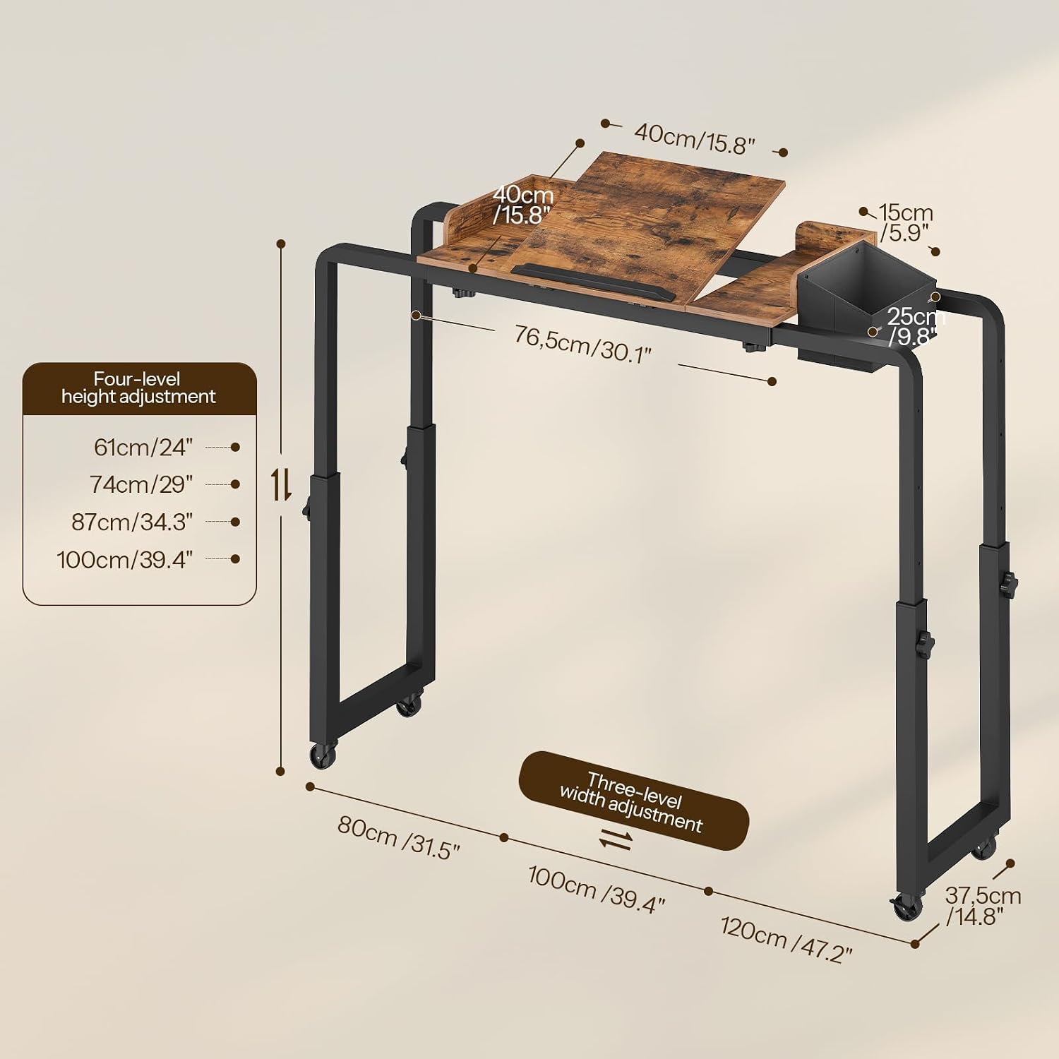 HOOBRO Overbed Table with Wheels, Height & Length Adjustable Rolling Table