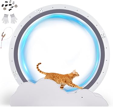GTRACING Cat Wheels, Large Cat Exercise Wheel for Indoor Cats, 40" Diameter cat Treadmill Detachable Carpet & Teaser, Stickers, Ultra-Quiet Scroll Wheel with Latch, Metal, White Cloud