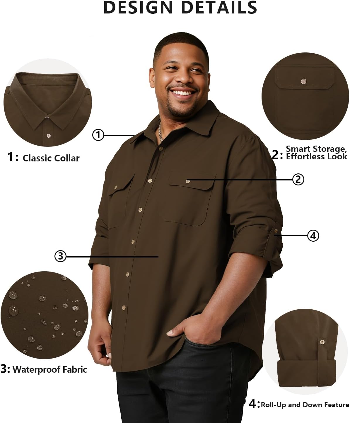 Big and Tall Shirts for Men,Button Down Work Shirt with Roll-Up Sleeves and Utility Pockets,Casual Outdoor Western Fit - Image 6