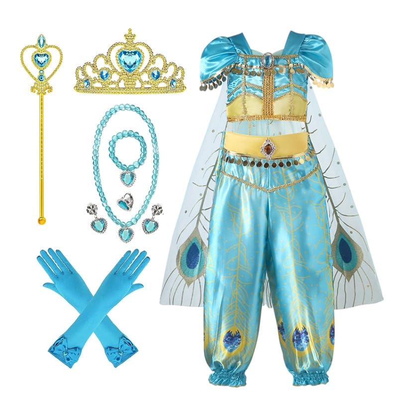 LAFIESTA Princess Jasmin Costume for Girls with Accessories – Jasmin Halloween Costume for Girls – Princess Dress for Girls – Princess Jasmin Kids' Dress Up & Pretend Play Outfit for Girls