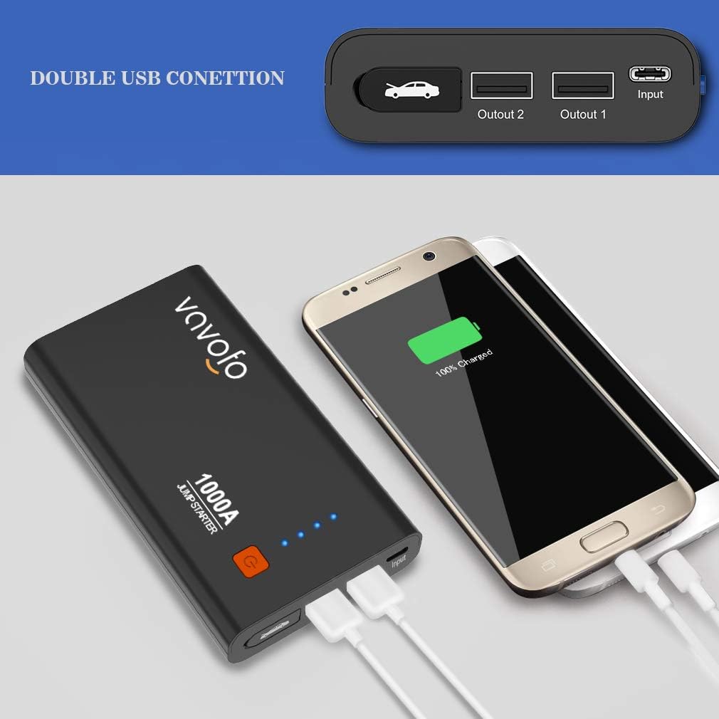 VAVOFO Jump Starter 1000A Peak Portable Car Battery Jump Starter with Type-C Port(Up to 7.0L Gas or 5.5L Diesel Engine), 12V Power Pack Auto Battery Booster with LED Light and USB Quick Charge