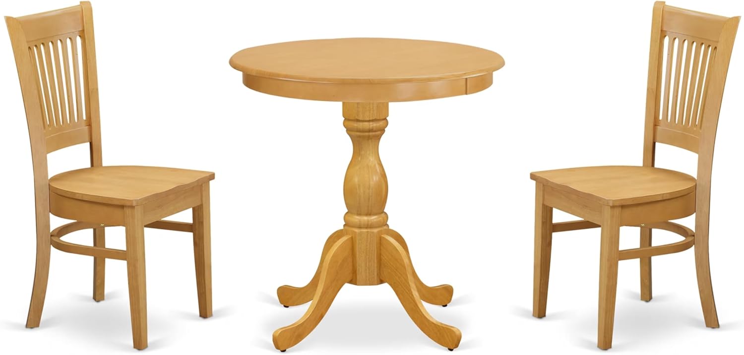 East West Furniture ESVA3-OAK-W 3 Piece Modern Dining Table Set Contains a Round Wooden Table with Pedestal and 2 Kitchen Dining Chairs, 30x30 Inch, Oak
