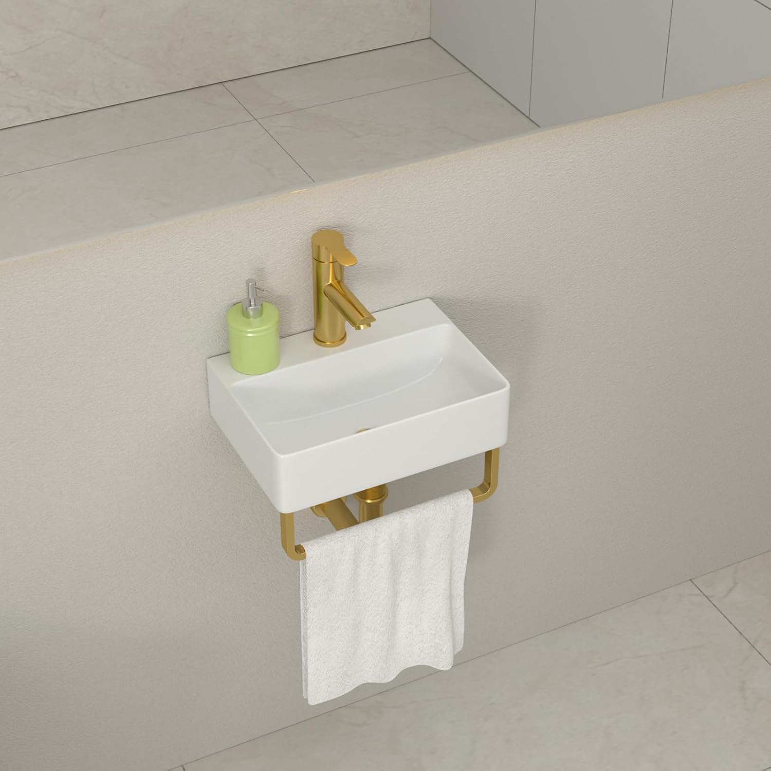 Floating Bathroom Sink with Faucet- 14"x10" Rectangle Ceramic Porcelain Wall Hung Bathroom Sink with Gold Towel Rack and Faucet Overflow Combo Vessel Vanity Sinks