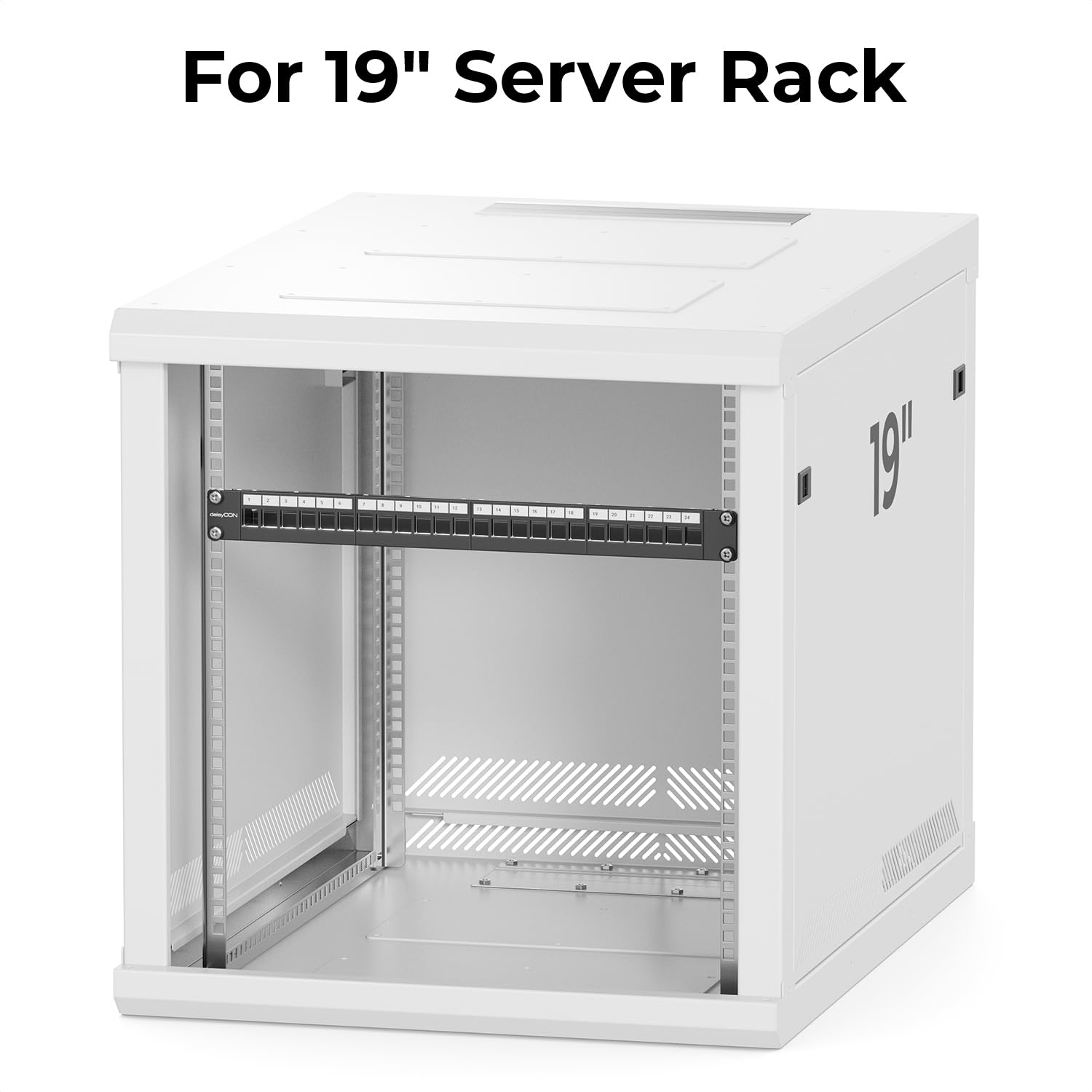 deleyCON 24 Port CAT 7 Panneau Patch Modulaire 1 HE + 24x RJ45 Coupleur (Prise vers Prise) CAT 7 Keystone Module - 19" Pouces Montage Rack Serveur Compatible avec CAT5 CAT6 CAT7 CAT8 Câble Patch Noir