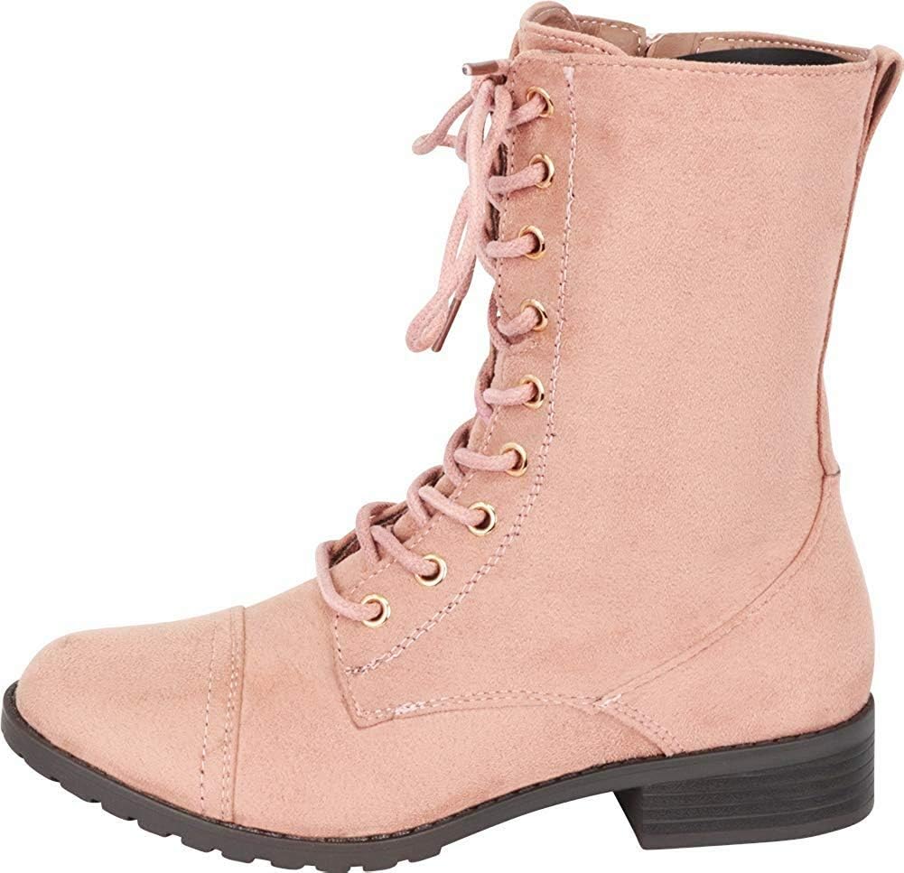 Forever Link Womens Round Toe Military Lace Up Knit Ankle Cuff Low Heel Combat Boots - Image 5