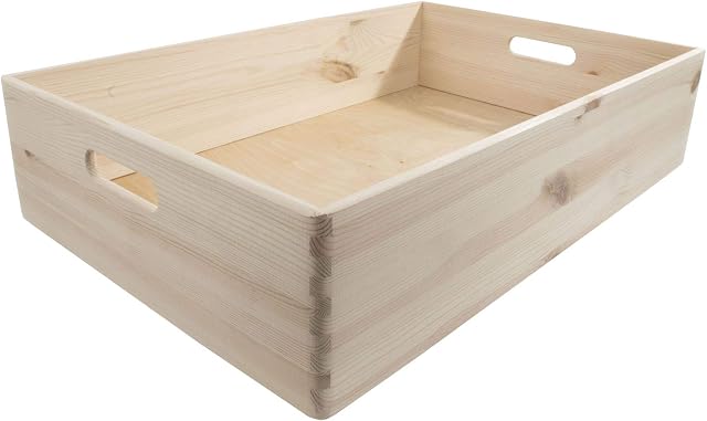 Extra Large Shallow Wooden Open Storage Box with Handles | 60 x 40 x 13.5 cm | Unpainted & Untreated Decorative Pine for Craft | Non-lidded Trunk Crate Keepsake Tool Toy Container Organiser