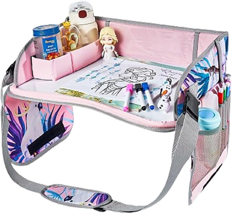 Kids Travel Tray, Car Seat Play Tray for Children and Toddlers, Foldable Multifunctional Activity Tray Table with Multi-Pockets, for Drawing Organizing Snacks Watching Tablet(Pink2)