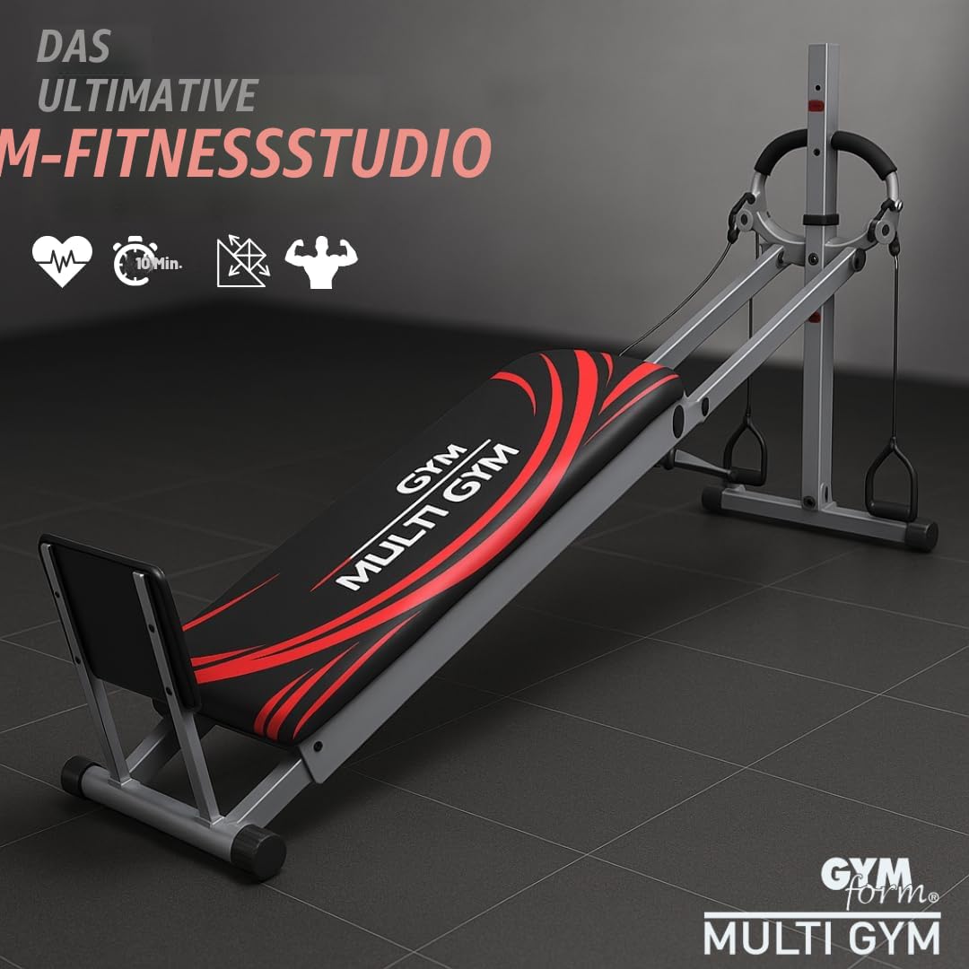 GYMFORM Heimtrainer Multigym (7-TLG., mit Beinzubehör, mit Seilzug), Kraftstation, Ganzkörpertraining in kürzester Zeit, Fitness Bank, Vollständig, Praktisch und Sehr Wirksam