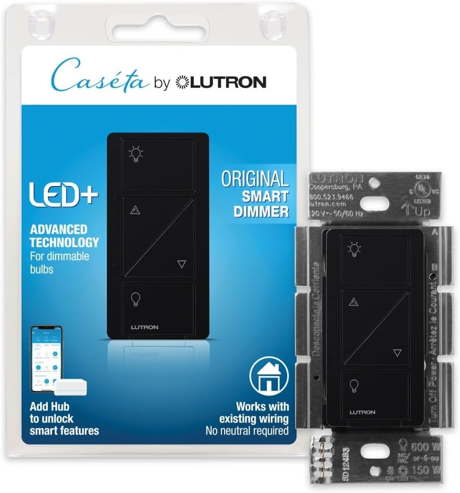 Caseta Original Smart Dimmer Switch (Lutron Smart Hub Required), for LED Lights, 150 Watt, Single-Pole/3-Way, No Neutral Required, PD-6WCL-BL, Black