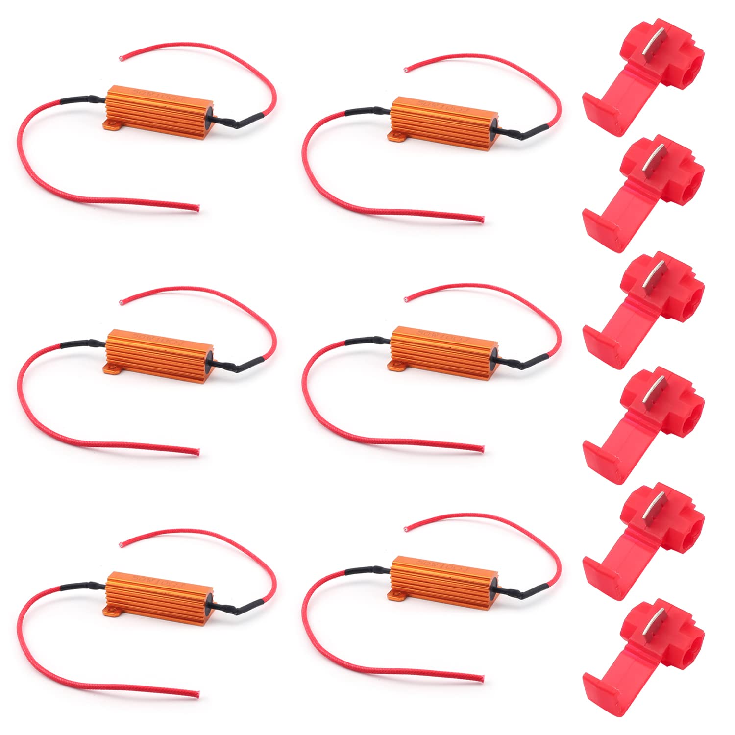 Fielect 6Pcs 50W 10ohm LED Load Resistors for Fix LED Bulb Hyper Flash Turn Signal Light Bulb Fast Blink Error Code Warning Cancellor Relay Harness Adapter Anti Flicker, T-clamp 12V