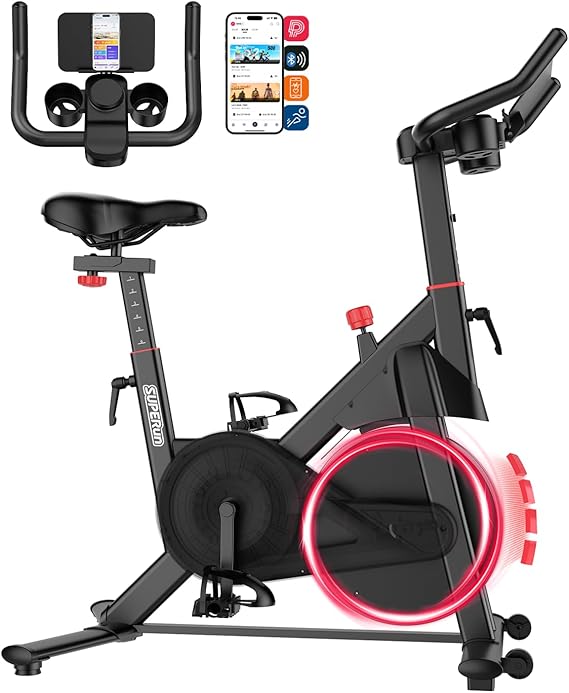 Superun Exercise Bike for Home Use Spin Bike with Adjustable Magnetic Resistance, Stationary Bike with LCD Display and APP, 136 kg Weight Capacity