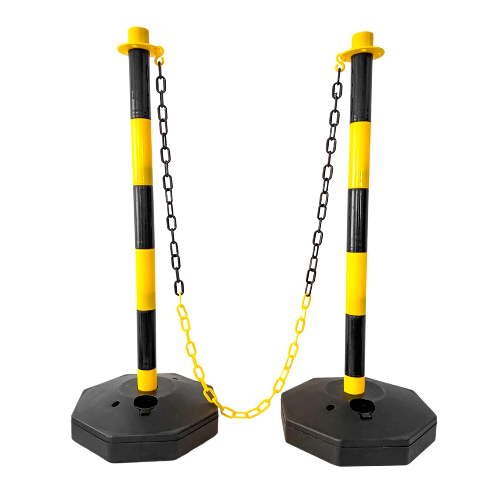 2 pali delineatori di sicurezza stradale – giallo e nero | Paletti barriera regolabili in altezza con base riempibile e catena in plastica da 2 metri | pali portatili per il controllo degli accessi e