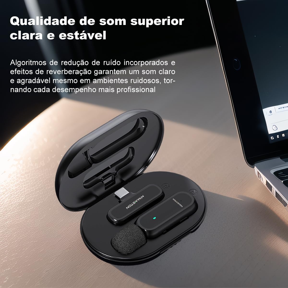 H'MASTON MK-06 Type-C Wireless Lavalier Microphone showing 3-4 hours battery life