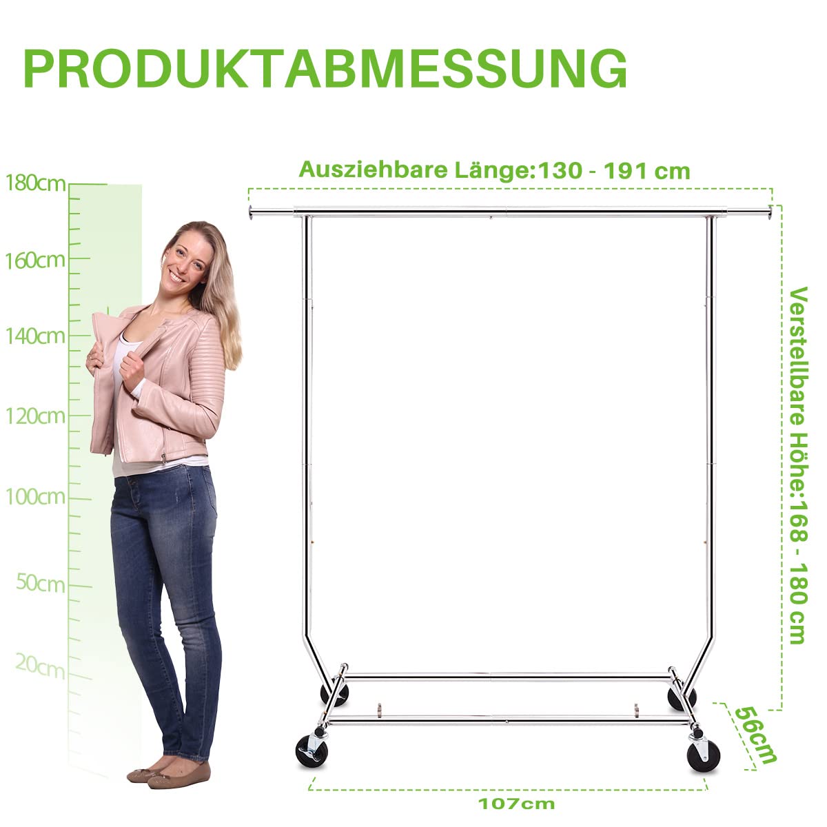 HOKEEPER 113kg Tragfähigkeit Kommerzielle Grade Kleidung Kleiderständer Heavy Duty Sing Rail Einstellbare zusammenklappbare Rolling Kleiderständer auf Rädern,Chrom Finish | Heavy Duty, kommerziell, zum Aufhängen von Kleidung, 4 Rollen, 2 feststellbar, ein