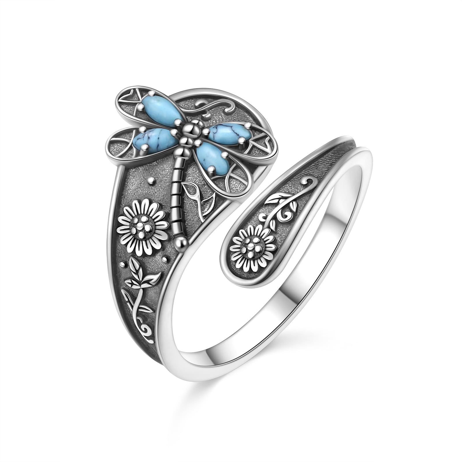 Verstellbarer Ring mit Libellen-/Lotus-/Kolibri-/Kreuzmotiv für Frauen und Mädchen 925 Sterlingsilber antike Blumen-Löffelringe oxidiert inspirierender Bandschmuck