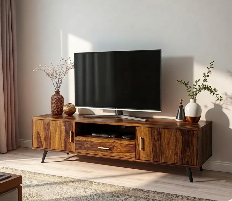 Image of Sheesham Wooden TV Cabinet for Living Room 65+ inch - TV Table for Living Room Entertainment Unit - Wooden TV Unit for Livingroom 65 Inch Unit with Open Shelf, Drawers & 2 Door (Aldo Walnut)