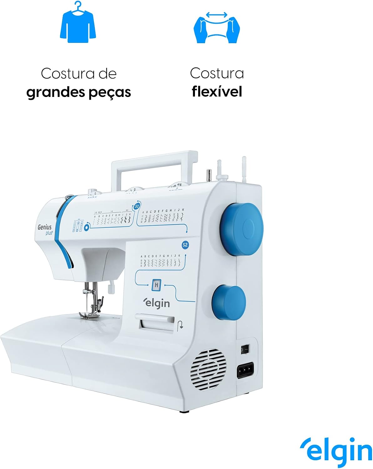 Máquina de Costura Genius Plus Elgin Portátil 31 pontos Agulha Dulpa Branco e Azul 110V Máquina de Costura Genius Plus Elgin Portátil 31 pontos Agulha Dulpa Branco e Azul 110V