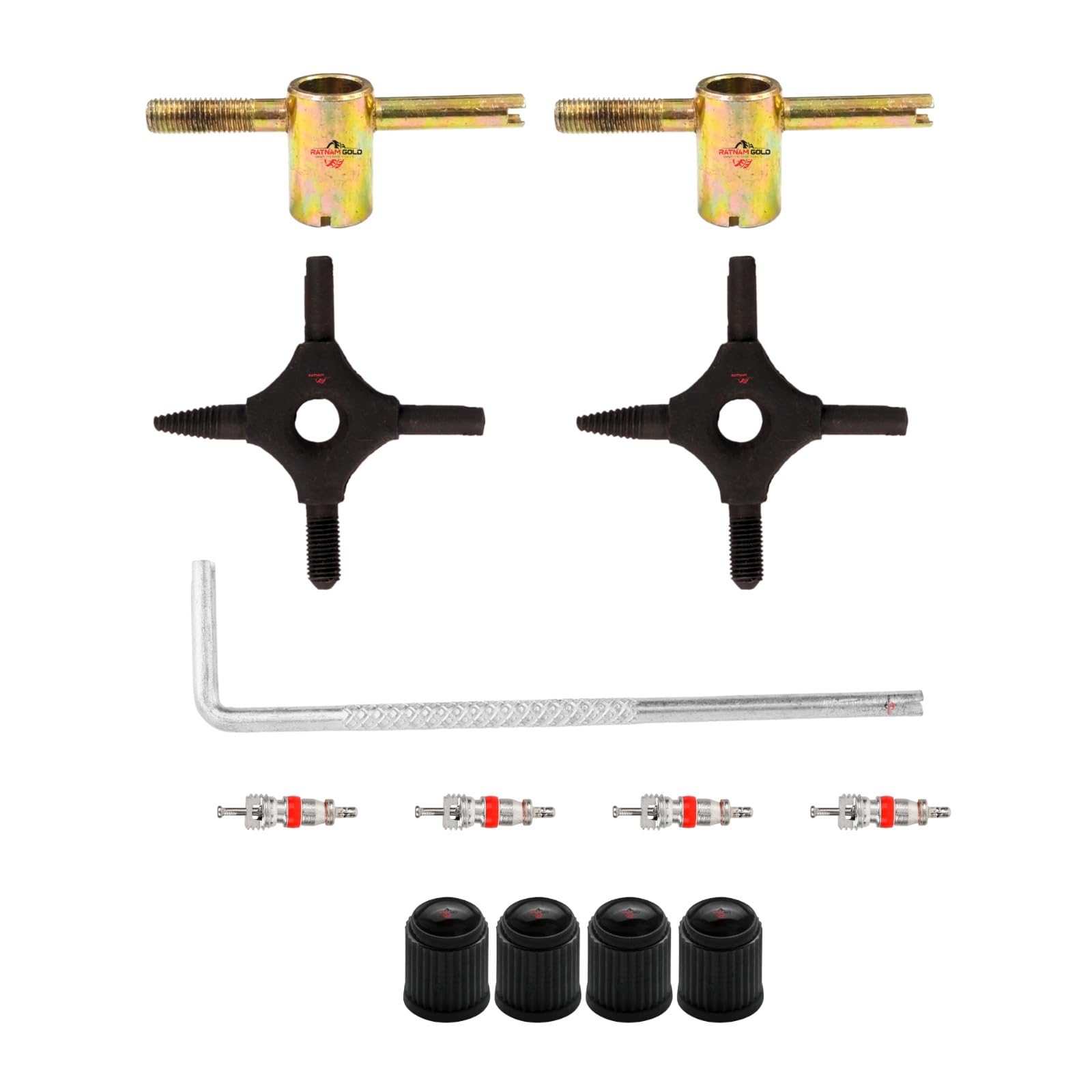 Tyre Valve Core Remover Tool Kit | 4-Way & 2-Way Valve Core Installer Set, L-Shaped Valve Key, Valve Cores & Black Valve Caps | 13 Pcs Tyre Repair Tool Kit-image-2