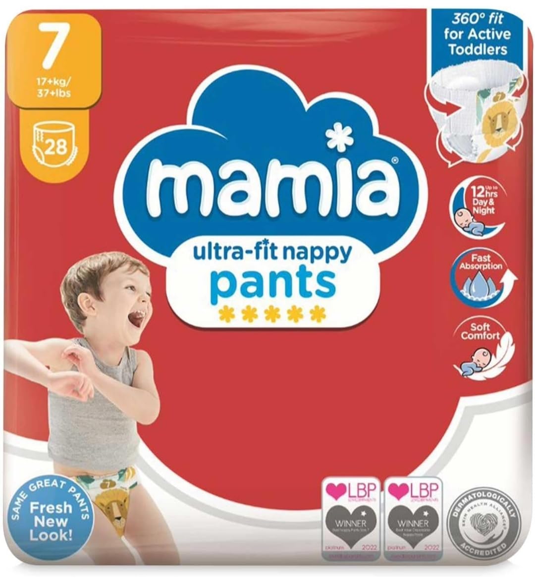 Mamia Ultra-Fit Nappy Pants, Size 7, 17+ kg, 28 Pack, 360° Fit for Active Toddlers