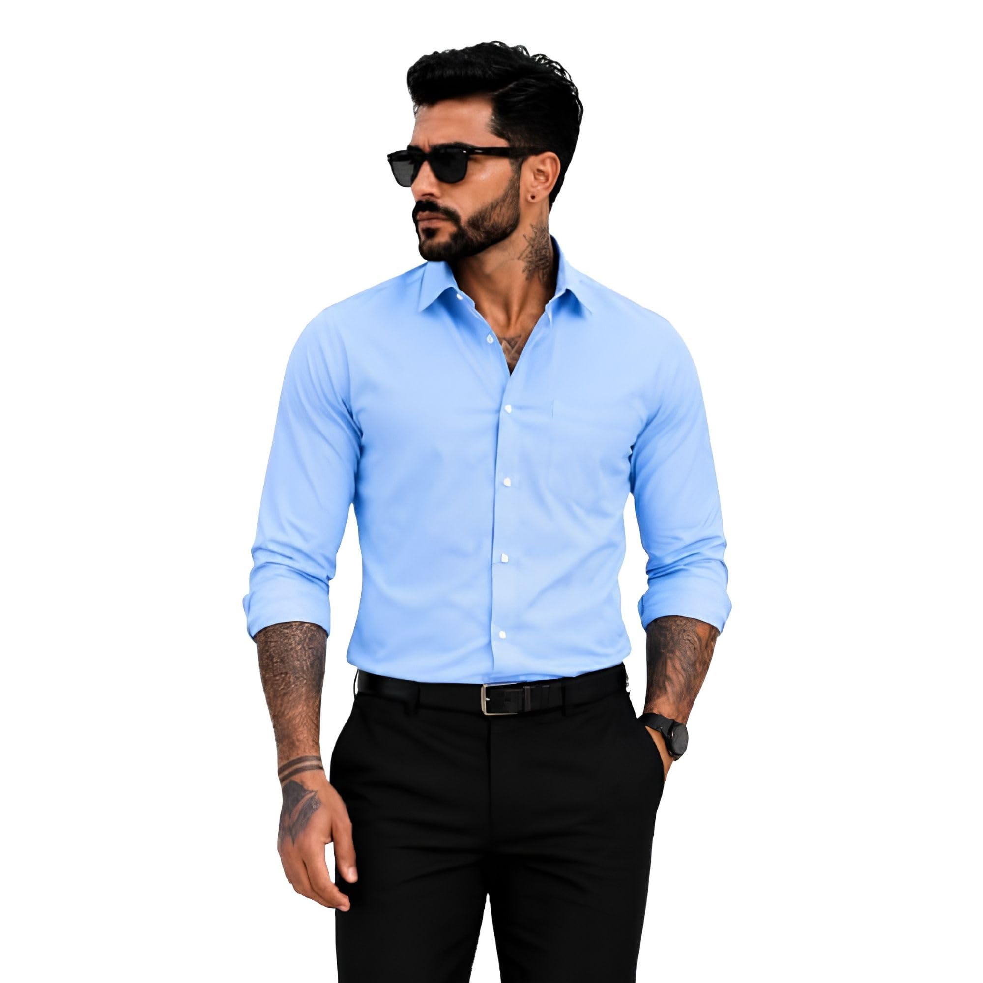 Men's Solid Light Blue Formal Shirt | Full Sleeve Cotton Blend Regular Fit Office Wear Shirt-picture-23