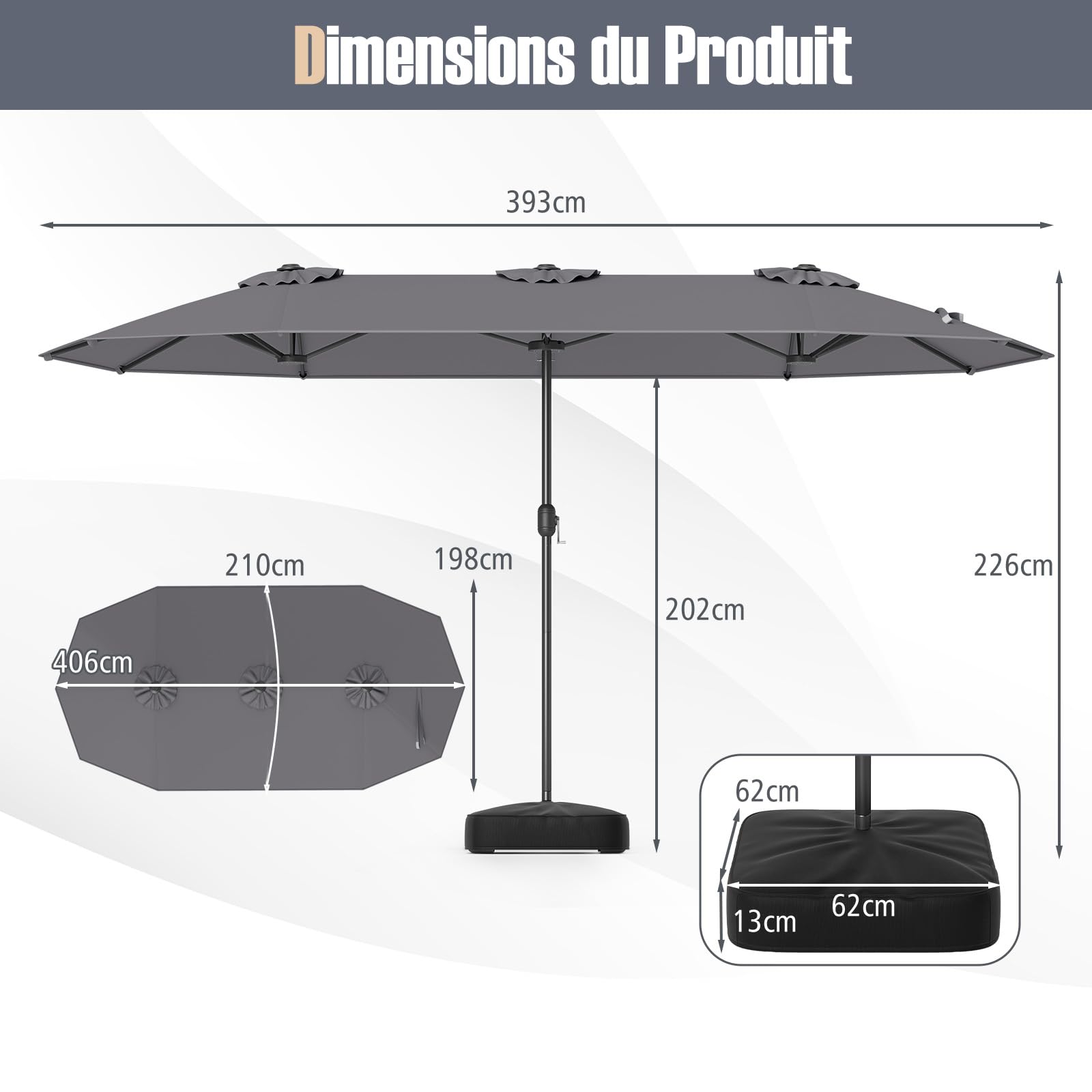 RELAX4LIFE Grand Parasol de Jardin Extérieur avec Pied | Parasol Double Terrasse à 12 Baleines | Manivelle | Polyester Résistant | Verrou de Sécurité | Protection UV pour Piscine Patio Marché (Gris)