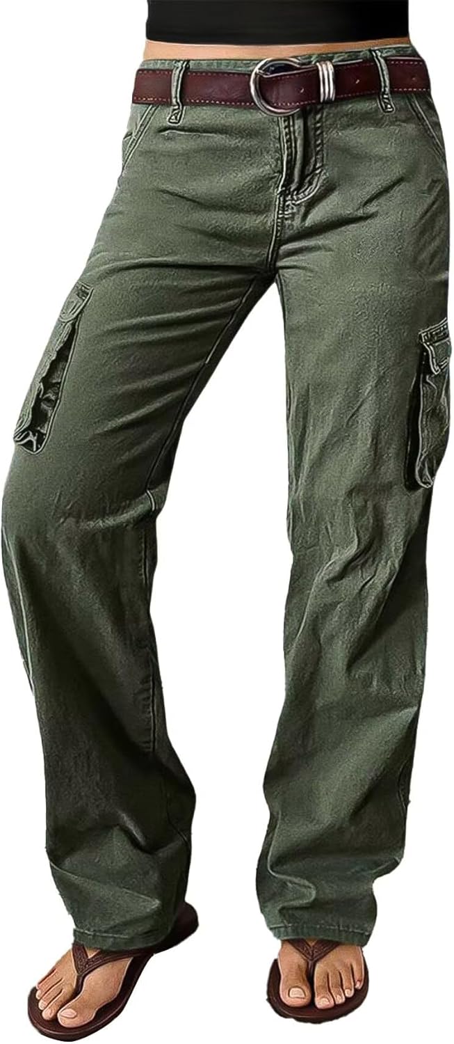 Flamingals Straight Leg Pants for Women Mid Rise Casual Cargo Solid Flap Pockets Pants