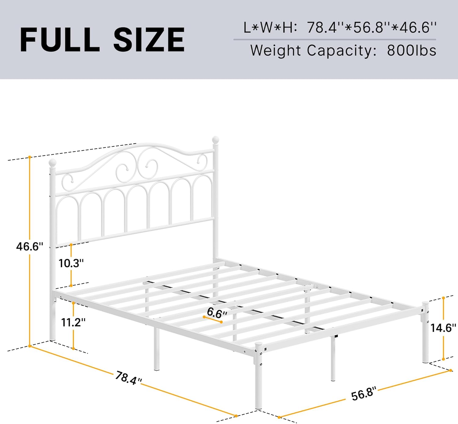 Elephance Full Size Bed Frame with Vintage Style Headboard,Full Metal Platform Bed Frame,11.2 Inches Under Bed Storage,No Box Spring Needed,White