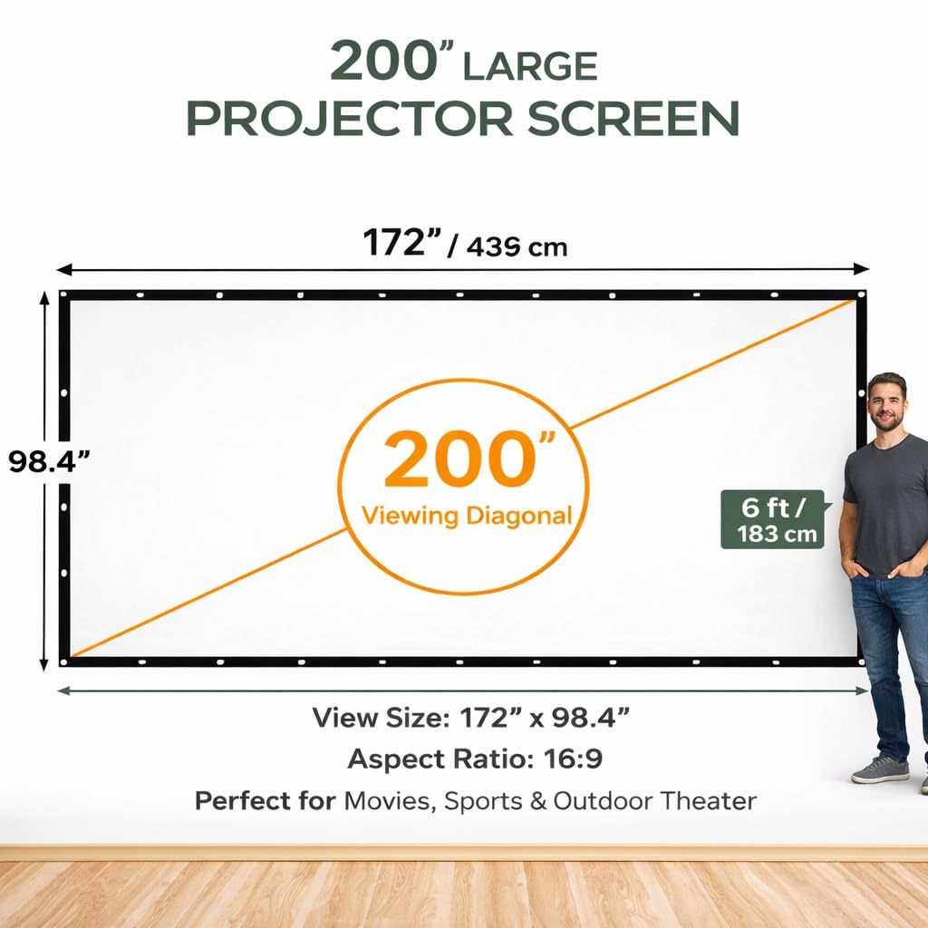 Japard Schermo proiettore da 200 pollici per interni ed esterni, 4K Full HD 3D 16:9, proiezione su entrambi i lati, pieghevole, portatile, montaggio a parete, sospensione, extra grande, per film in