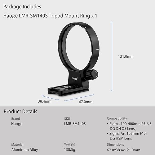 Miniatura 6 de Haoge LMR-SM140S Lens Collar Replacement Foot Tripod Mount Ring Stand Base for Sigma 100-400mm F5-6.3 DG DN OS Lens Sony E Mount Art 105mm F1.4 DG
