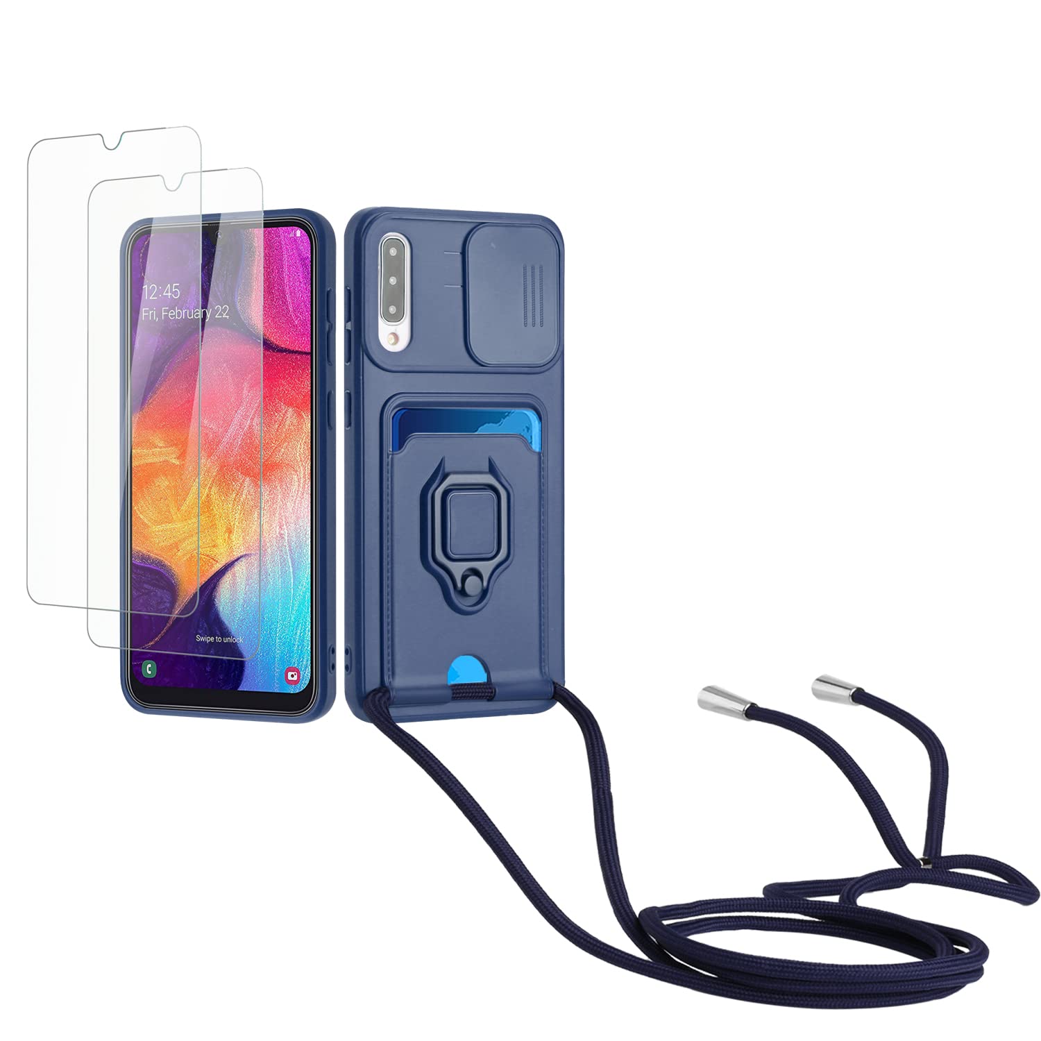 Kaslly Funda con Cuerda para Samsung Galaxy A35+[2 Pack Protector Pantalla],Case con Ranura para Tarjetas,Cubierta de Cámara Deslizante Proteger,Doble Cara Protección-Negro — view 71