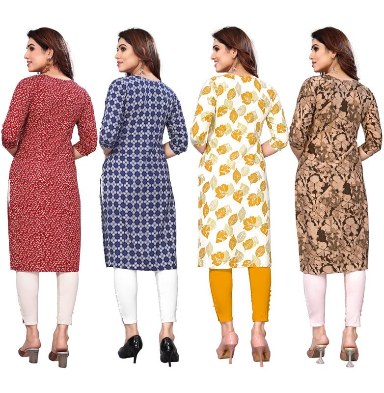 Image of JAKHANA Women's Crepe Printed Casual Straight Calf Length Round Nick Kurta Pack of 4