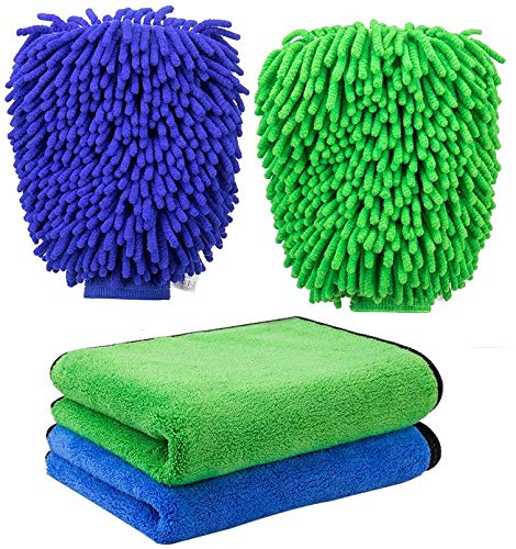 FMS 2 Stücke Weicher Korallen Auto Chenille Waschhandschuh Handschuh und 2 Stück 840gsm Mikrofaser Reinigungstücher Set, Extrem Saugstark und Fusselfrei