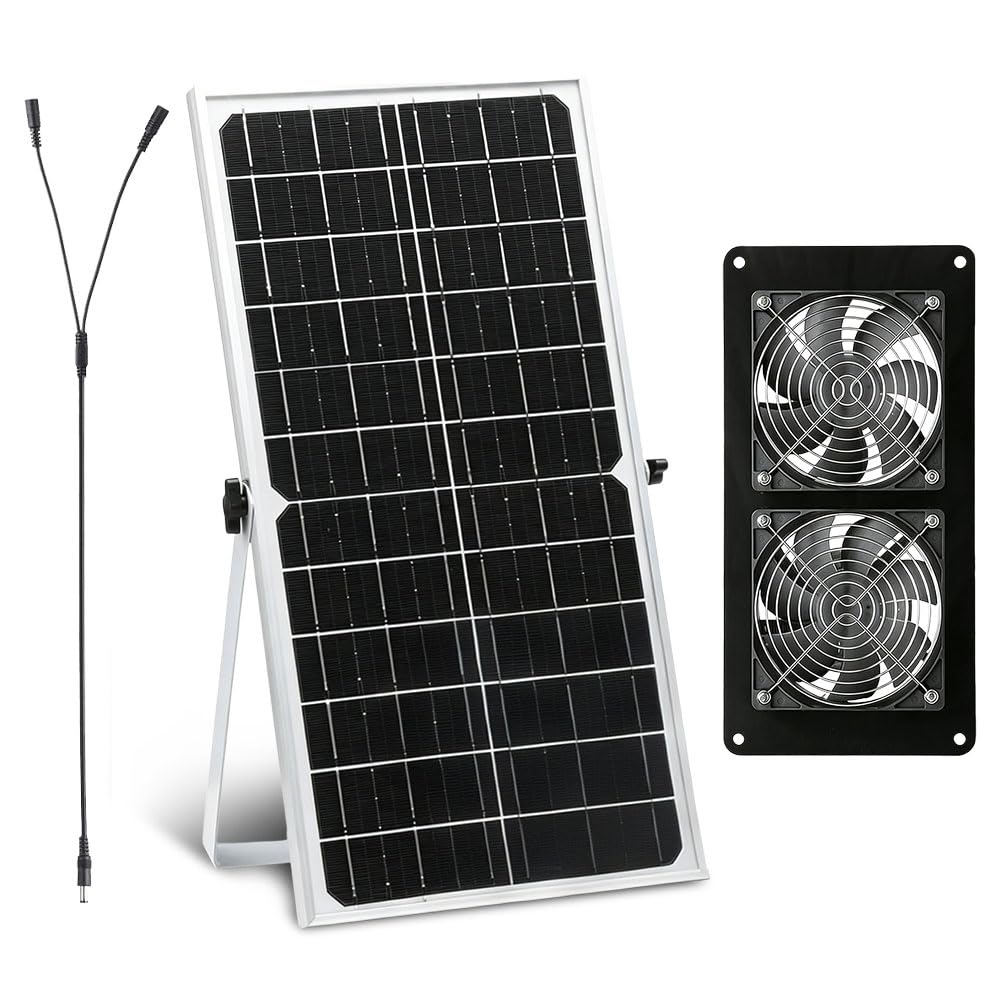 Ventilatore solare da 16 W, con due pannelli solari IP67, impermeabile, doppia ventola DC per pollaio, serre, capanni, cucce per animali domestici, aria di ingresso o scarico (metallo)