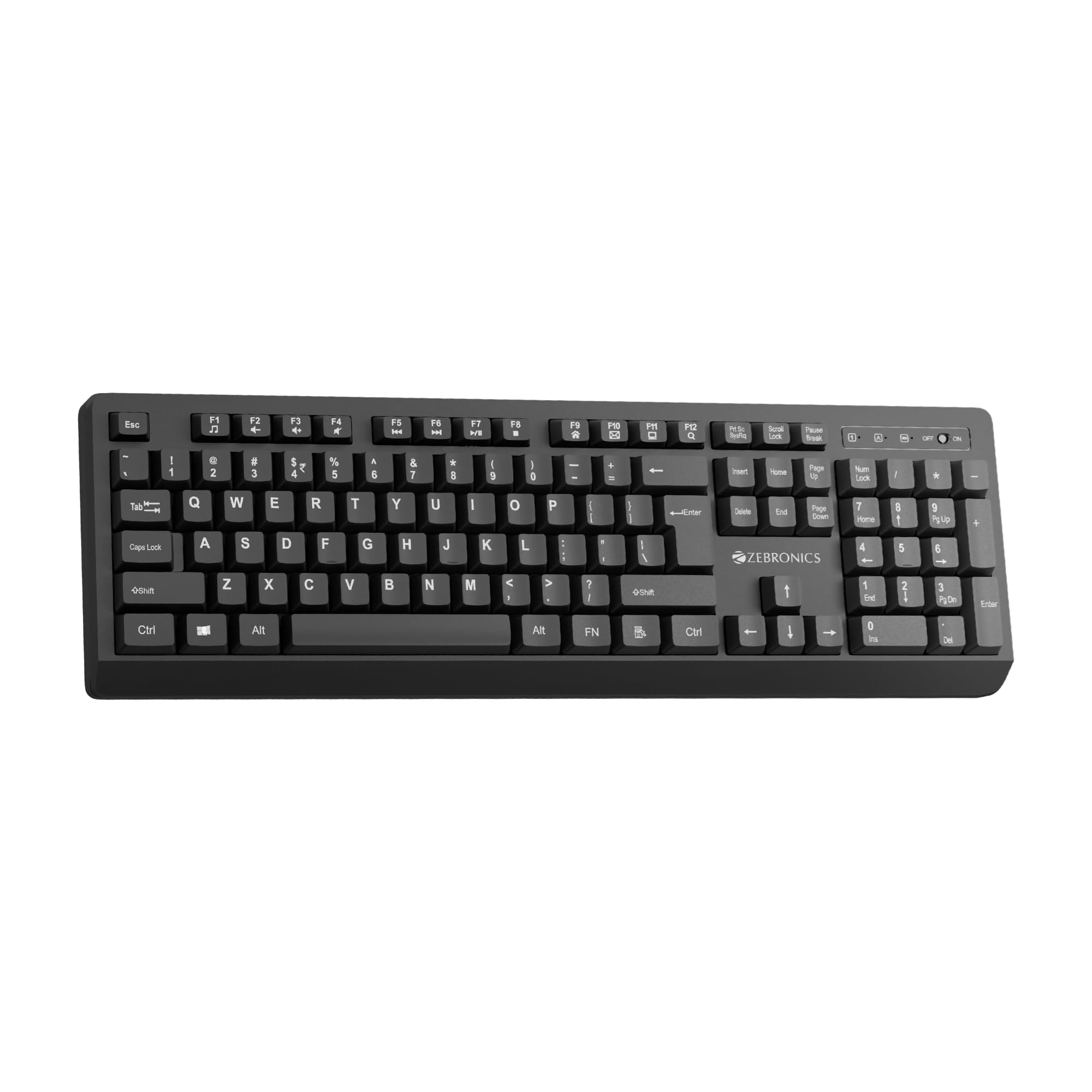 Zebronics Wireless Keyboard, 2.4GHz, 104 Keys with 12 Multimedia Keys, UV-Coated Keycaps, Retractable Stand, On/Off Switch, Power Saving Mode, Plug & Play (Companion 116-K)