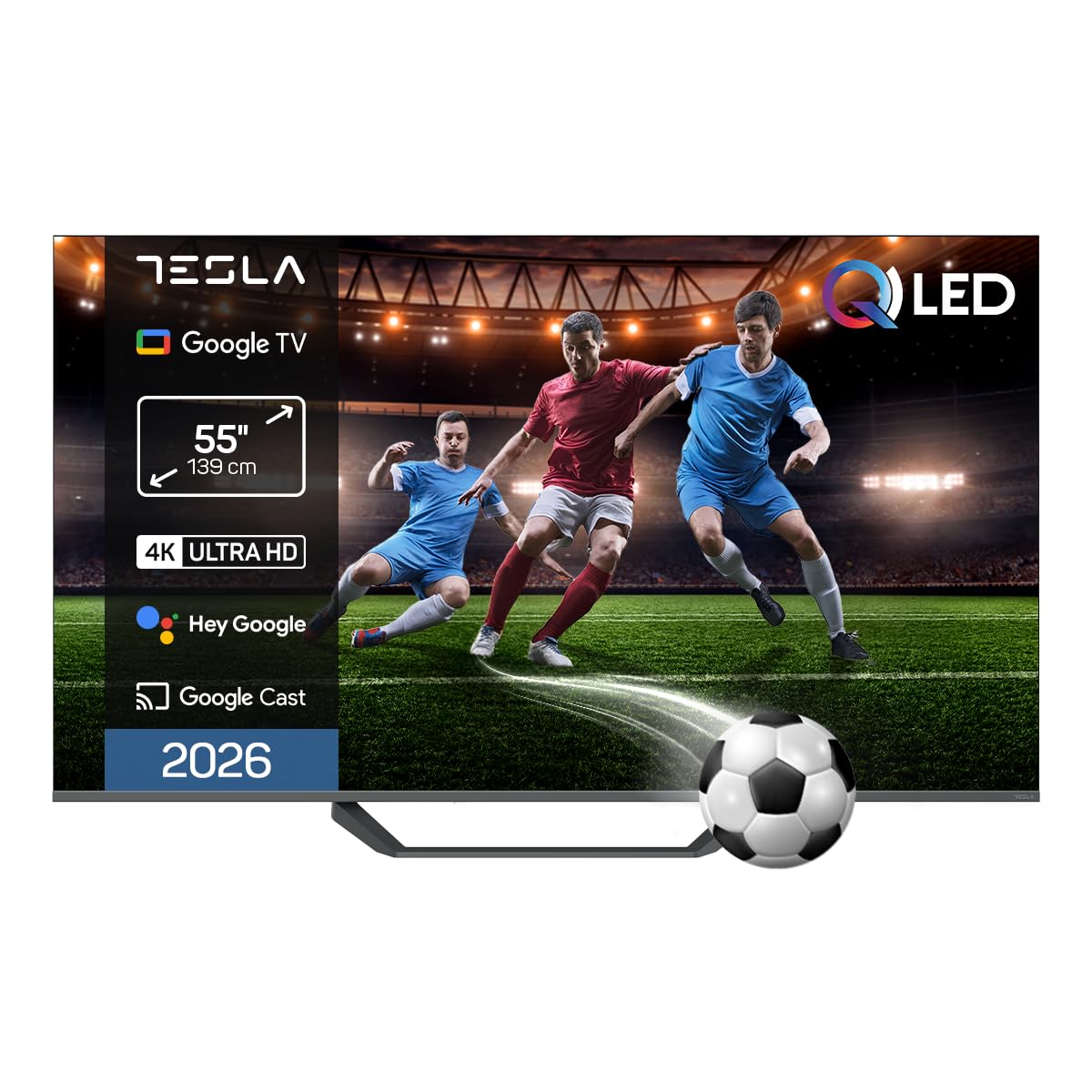 TESLA QLED Smart TV Full HD con Google TV - Dolby Audio, HDR, WiFi y Bluetooth, Google Assistant y Chromecast Integrado, 3 HDMI, DVB-T2/S2/C, Color Negro (55")